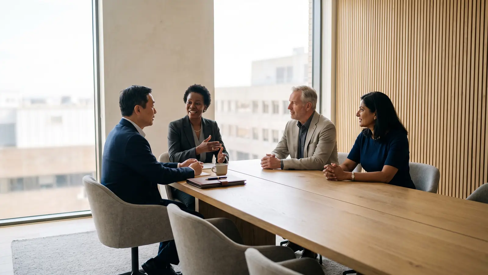 Senior leaders reviewing the numbers in a calm San Diego boardroom